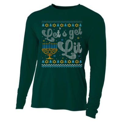 Let's Get Lit Hanukkah Menorah Funny Ugly Christmas Cooling Performance Long Sleeve Crew