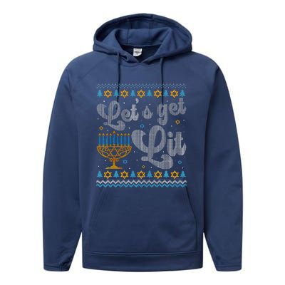 Let's Get Lit Hanukkah Menorah Funny Ugly Christmas Performance Fleece Hoodie