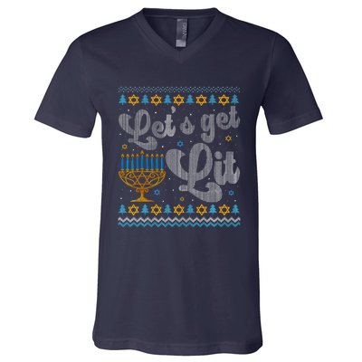 Let's Get Lit Hanukkah Menorah Funny Ugly Christmas V-Neck T-Shirt