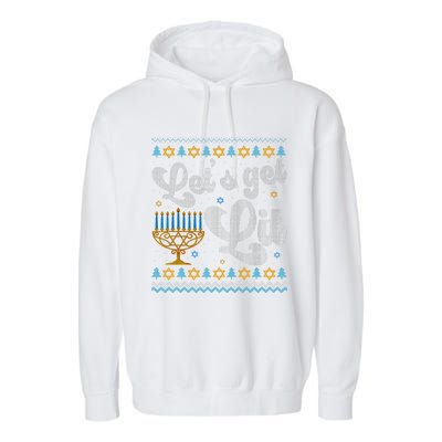 Let's Get Lit Hanukkah Menorah Funny Ugly Christmas Garment-Dyed Fleece Hoodie