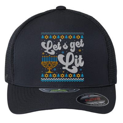 LetS Get Lit Hanukkah Menorah Funny Ugly Christmas Sweater Flexfit Unipanel Trucker Cap