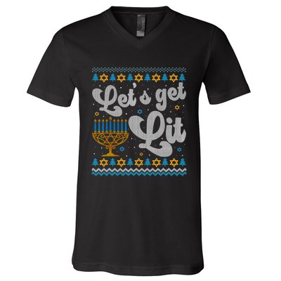 LetS Get Lit Hanukkah Menorah Funny Ugly Christmas Sweater V-Neck T-Shirt