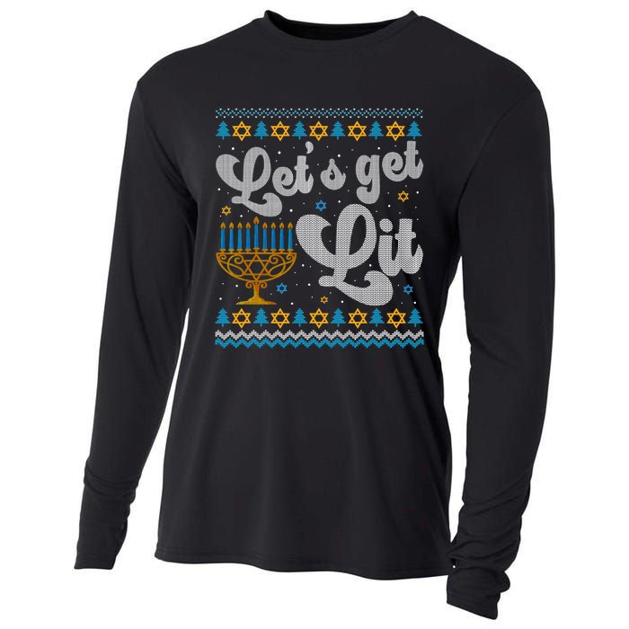 LetS Get Lit Hanukkah Menorah Funny Ugly Christmas Sweater Cooling Performance Long Sleeve Crew