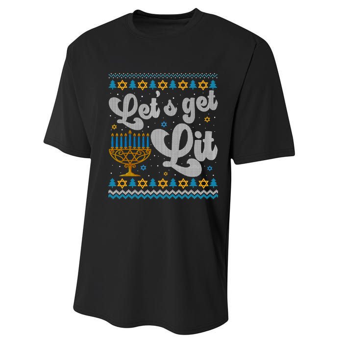 LetS Get Lit Hanukkah Menorah Funny Ugly Christmas Sweater Performance Sprint T-Shirt