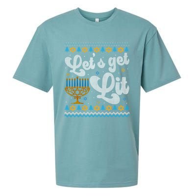 LetS Get Lit Hanukkah Menorah Funny Ugly Christmas Sweater Sueded Cloud Jersey T-Shirt