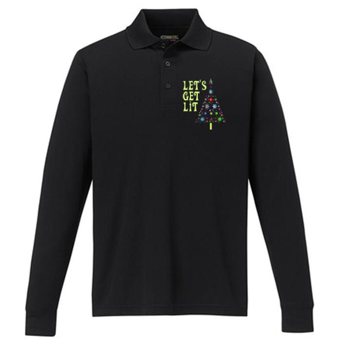 LetS Get Lit Adult Funny Christmas Performance Long Sleeve Polo