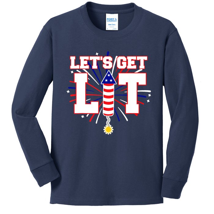 Let's Get Lit Cute Fireworks Funny Fourth of July Kids Long Sleeve Shirt