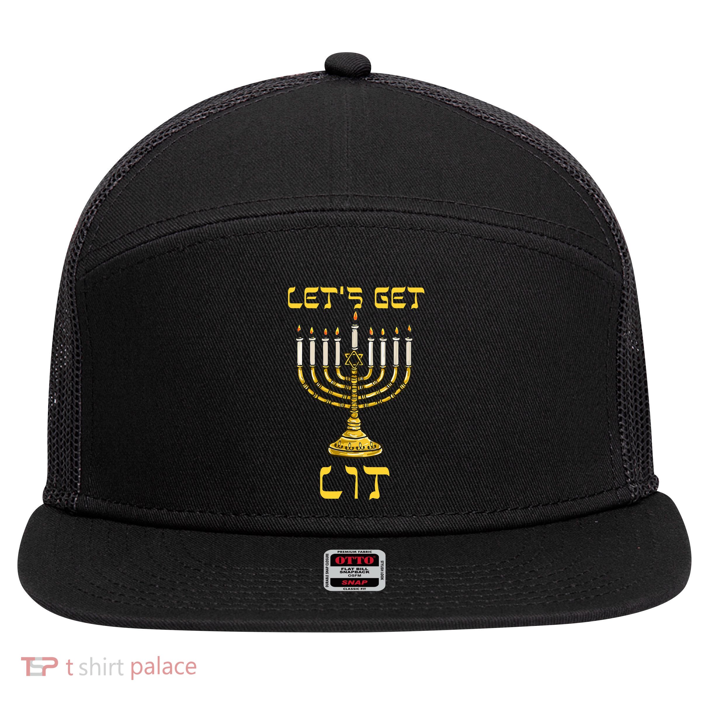 Lets Get Lit Chanukah Happy Hanukkah Funny Menorah Jewish 7 Panel Mesh Trucker Snapback Hat