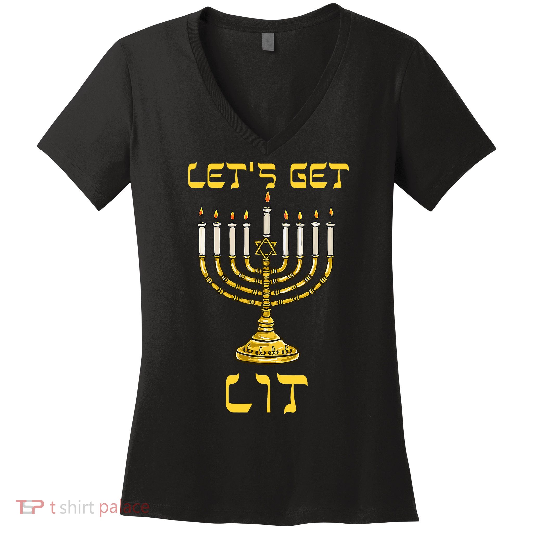 Lets Get Lit Chanukah Happy Hanukkah Funny Menorah Jewish Women's V-Neck T-Shirt