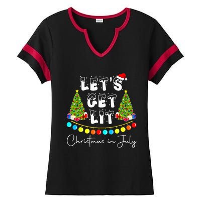 Lets Get Lit Christmas In July Santa Hat Xmas Tree Ladies Halftime Notch Neck Tee