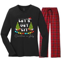 Lets Get Lit Christmas In July Santa Hat Xmas Tree Women's Long Sleeve Flannel Pajama Set 