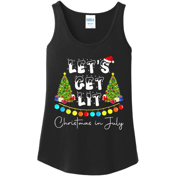 Lets Get Lit Christmas In July Santa Hat Xmas Tree Ladies Essential Tank