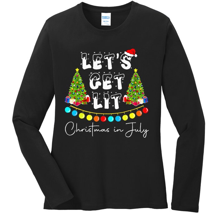 Lets Get Lit Christmas In July Santa Hat Xmas Tree Ladies Long Sleeve Shirt