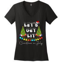 Lets Get Lit Christmas In July Santa Hat Xmas Tree Women's V-Neck T-Shirt