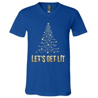 Lets Get Lit Christmas Xmas Tree Lights Gift V-Neck T-Shirt