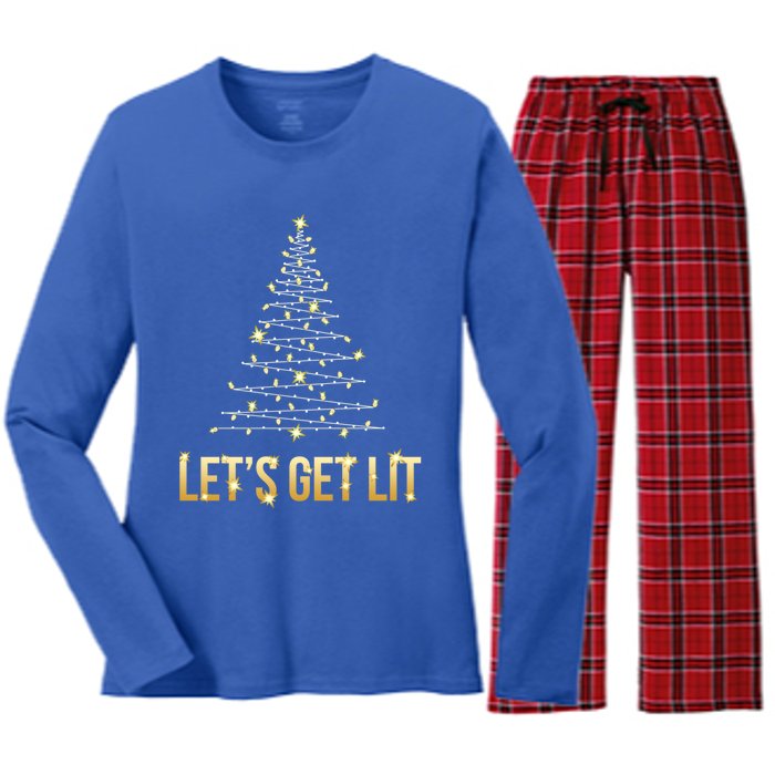 Lets Get Lit Christmas Xmas Tree Lights Gift Women's Long Sleeve Flannel Pajama Set 