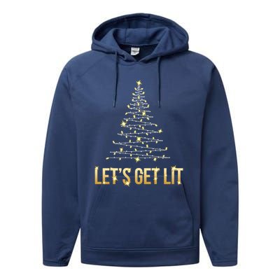 Lets Get Lit Christmas Xmas Tree Lights Gift Performance Fleece Hoodie