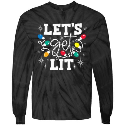 Let's Get Lit Drinking Santa Hat Christmas Lights Funny Tie-Dye Long Sleeve Shirt