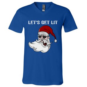 LetS Get Lit Adult Funny Christmas Xmas Pajama Santa Smoker Gift V-Neck T-Shirt