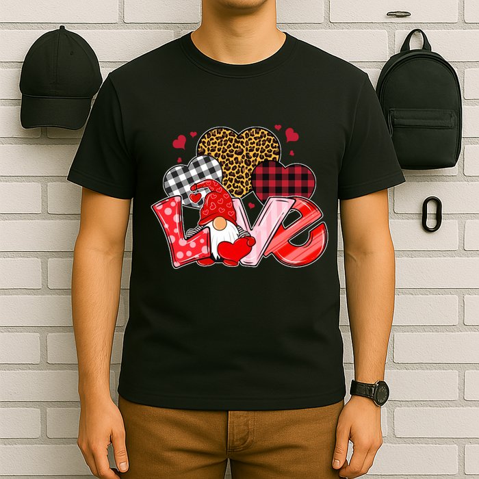 Love Gnome Leopard Checkered Pattern T-Shirt