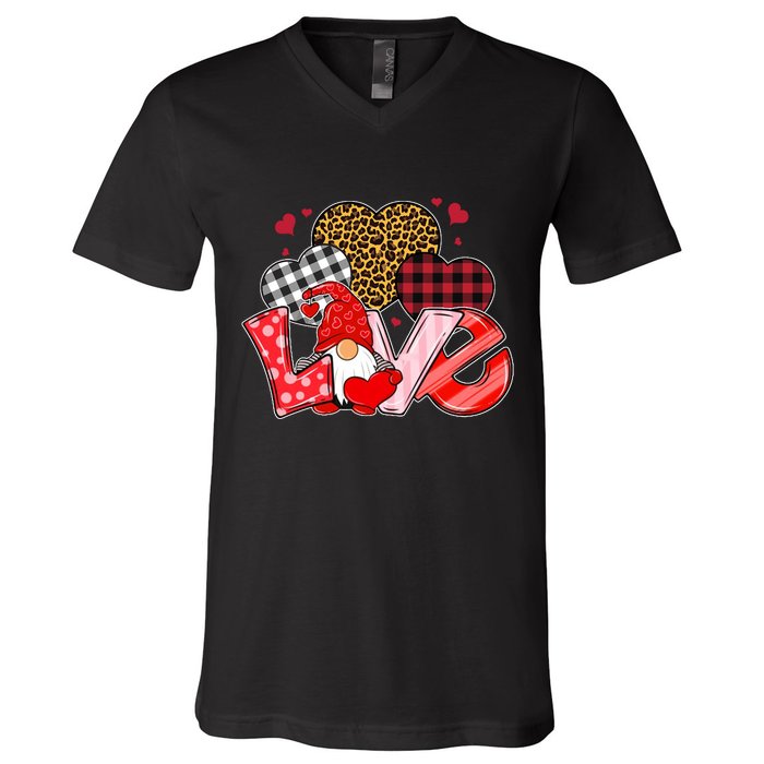 Love Gnome Leopard Checkered Pattern V-Neck T-Shirt
