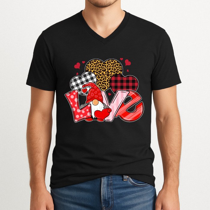 Love Gnome Leopard Checkered Pattern V-Neck T-Shirt