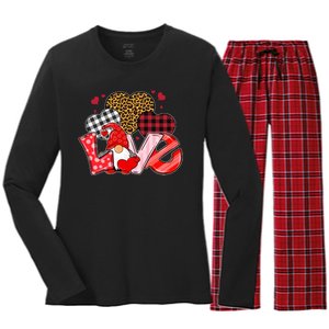 Love Gnome Leopard Checkered Pattern Women's Long Sleeve Flannel Pajama Set 