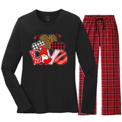 Love Gnome Leopard Checkered Pattern Women's Long Sleeve Flannel Pajama Set 