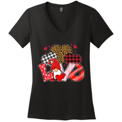 Love Gnome Leopard Checkered Pattern Women's V-Neck T-Shirt