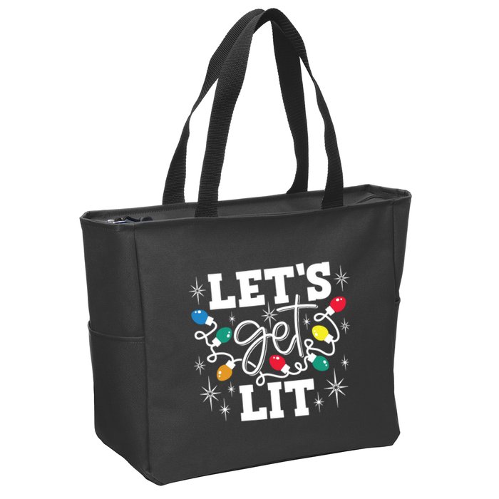 Lets Get Lit Drinking Santa Hat Christmas Lights Funny Zip Tote Bag