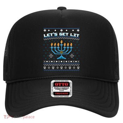 LetS Get Lit Jewish Ugly Christmas Orah Hanukkah Gift High Crown Mesh Back Trucker Hat