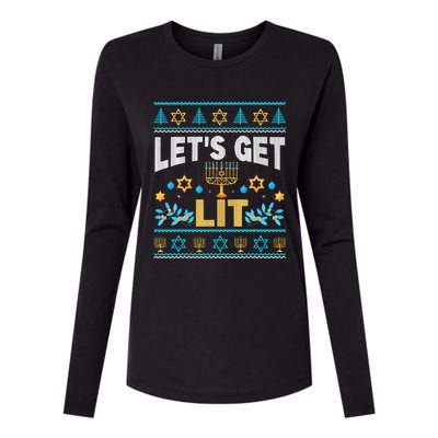 Let's Get Lit Hanukkah Menorah Funny Ugly Christmas Sweater Womens Cotton Relaxed Long Sleeve T-Shirt