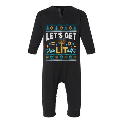 Let's Get Lit Hanukkah Menorah Funny Ugly Christmas Sweater Infant Fleece One Piece