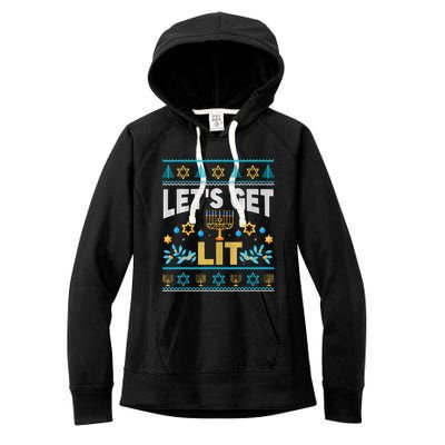 Let's Get Lit Hanukkah Menorah Funny Ugly Christmas Sweater Women's Fleece Hoodie