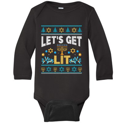 Let's Get Lit Hanukkah Menorah Funny Ugly Christmas Sweater Baby Long Sleeve Bodysuit