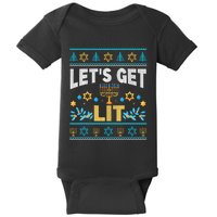 Let's Get Lit Hanukkah Menorah Funny Ugly Christmas Sweater Baby Bodysuit