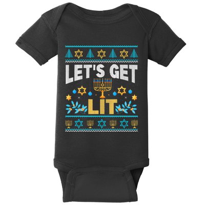 Let's Get Lit Hanukkah Menorah Funny Ugly Christmas Sweater Baby Bodysuit