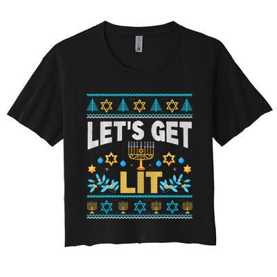 Let's Get Lit Hanukkah Menorah Funny Ugly Christmas Sweater Women's Crop Top Tee