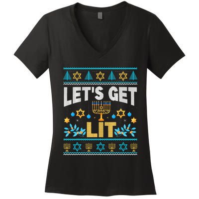 Let's Get Lit Hanukkah Menorah Funny Ugly Christmas Sweater Women's V-Neck T-Shirt