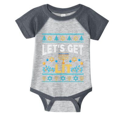 Let's Get Lit Hanukkah Menorah Funny Ugly Christmas Sweater Infant Baby Jersey Bodysuit