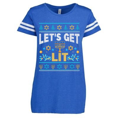 Let's Get Lit Hanukkah Menorah Funny Ugly Christmas Sweater Enza Ladies Jersey Football T-Shirt