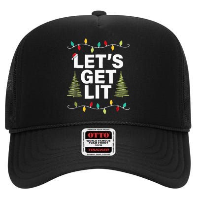 Let's Get Lit Funny Christmas Drinking Xmas Lights High Crown Mesh Back Trucker Hat