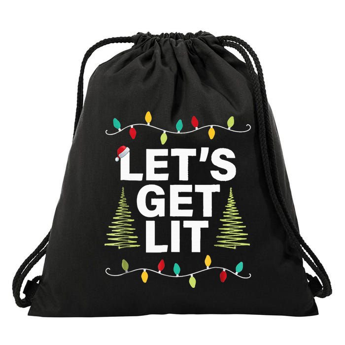 Let's Get Lit Funny Christmas Drinking Xmas Lights Drawstring Bag