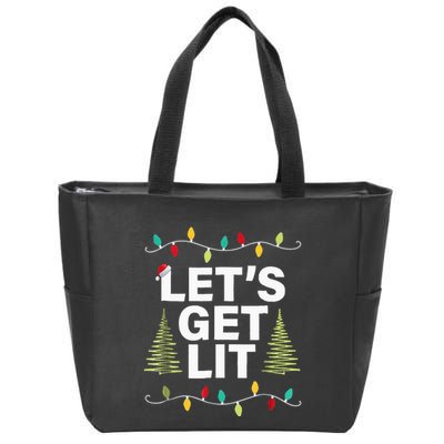 Let's Get Lit Funny Christmas Drinking Xmas Lights Zip Tote Bag