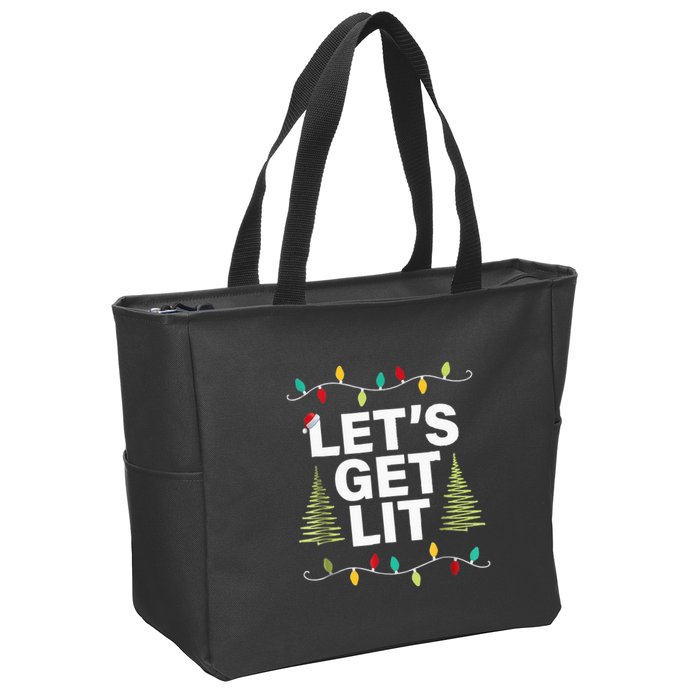 Let's Get Lit Funny Christmas Drinking Xmas Lights Zip Tote Bag