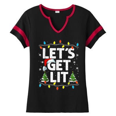 Lets Get Lit Funny Christmas Lights Tree Santa Hat Pajama Ladies Halftime Notch Neck Tee