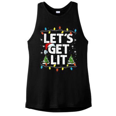 Lets Get Lit Funny Christmas Lights Tree Santa Hat Pajama Ladies PosiCharge Tri-Blend Wicking Tank