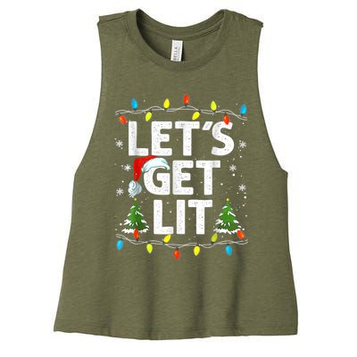 Lets Get Lit Funny Christmas Lights Tree Santa Hat Pajama Women's Racerback Cropped Tank