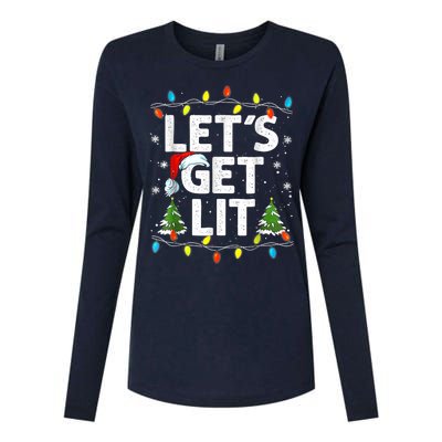 Lets Get Lit Funny Christmas Lights Tree Santa Hat Pajama Womens Cotton Relaxed Long Sleeve T-Shirt