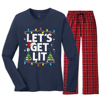 Lets Get Lit Funny Christmas Lights Tree Santa Hat Pajama Women's Long Sleeve Flannel Pajama Set 